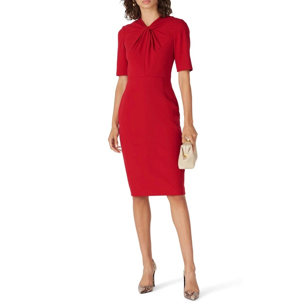 L.K. Bennett London Red Twist Neck Sheath Dress Short Sleeve Size 12 US 16 UK